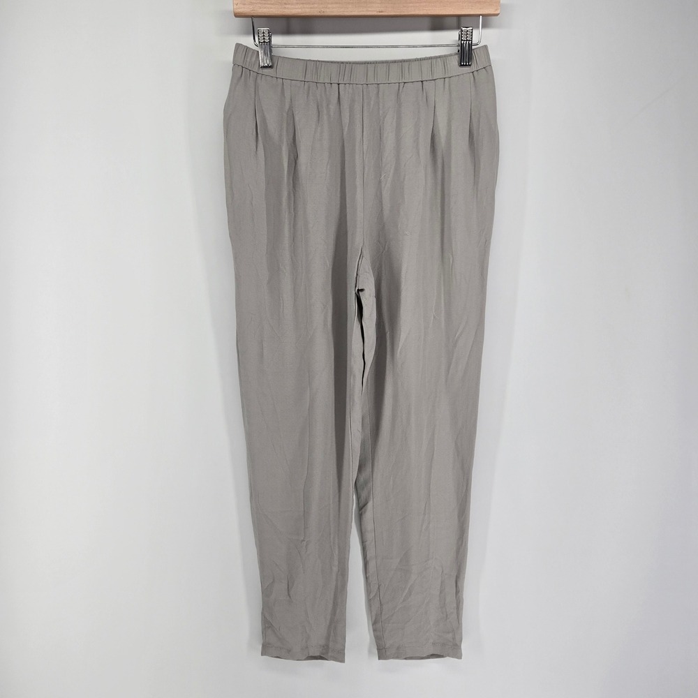 Eileen Fisher Silk Pants Womens XS Gray Elastic Waist Pleated Pockets Coastal